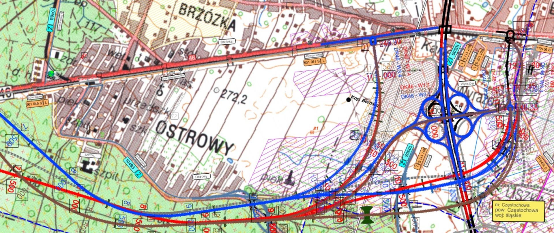 Widok na warianty zakończenia obwodnicy na węźle Blachownia Autostrady A1.