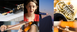 Kolaż zdjęć przedstawiających różne instrumenty muzyczne oraz młodą osobę śpiewającą. 