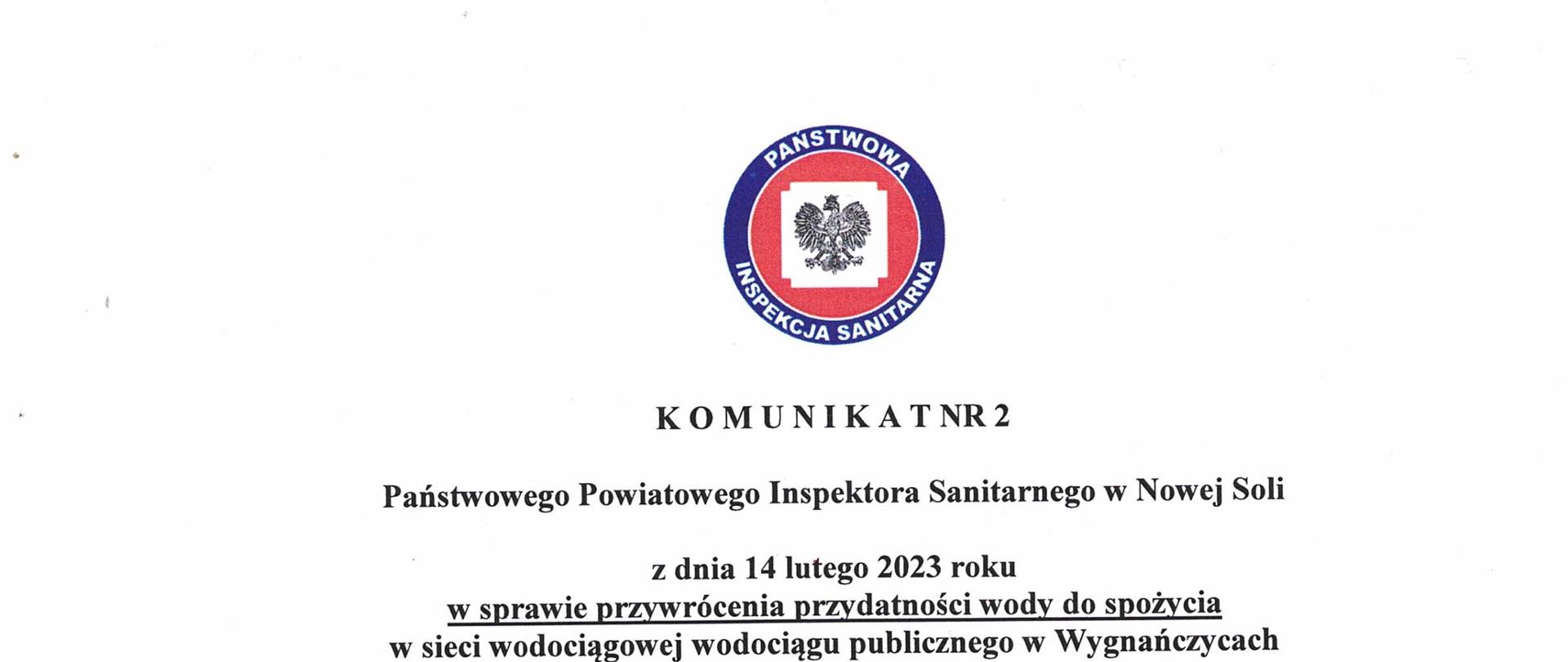 Komunikat nr 2 Przywrócenie przydatności wody Wygnańczyce