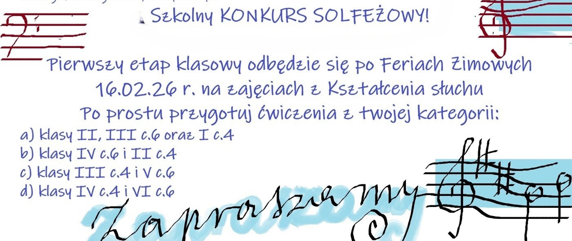 Plakat na białym tle z informacją tekstową dotyczącą szkolnego konkursu solfeżowego