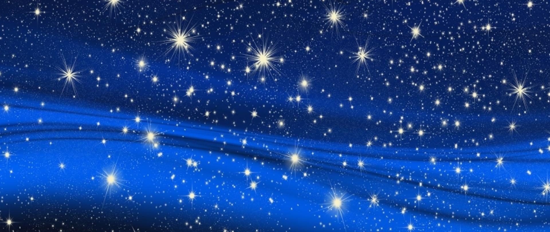 Nocne niebo z licznymi gwiazdami i falistymi, jasnoniebieskimi liniami przecinającymi środek obrazu.