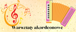 Zdjęcie przedstawia kolorową grafikę nut i akordeonu na kremowym tle 