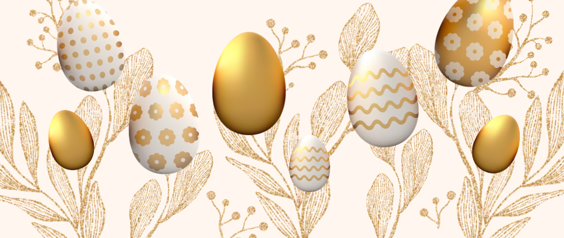 Grafika przedstawia życzenia z okazji Świąt Wielkanocnych oraz pisanki 