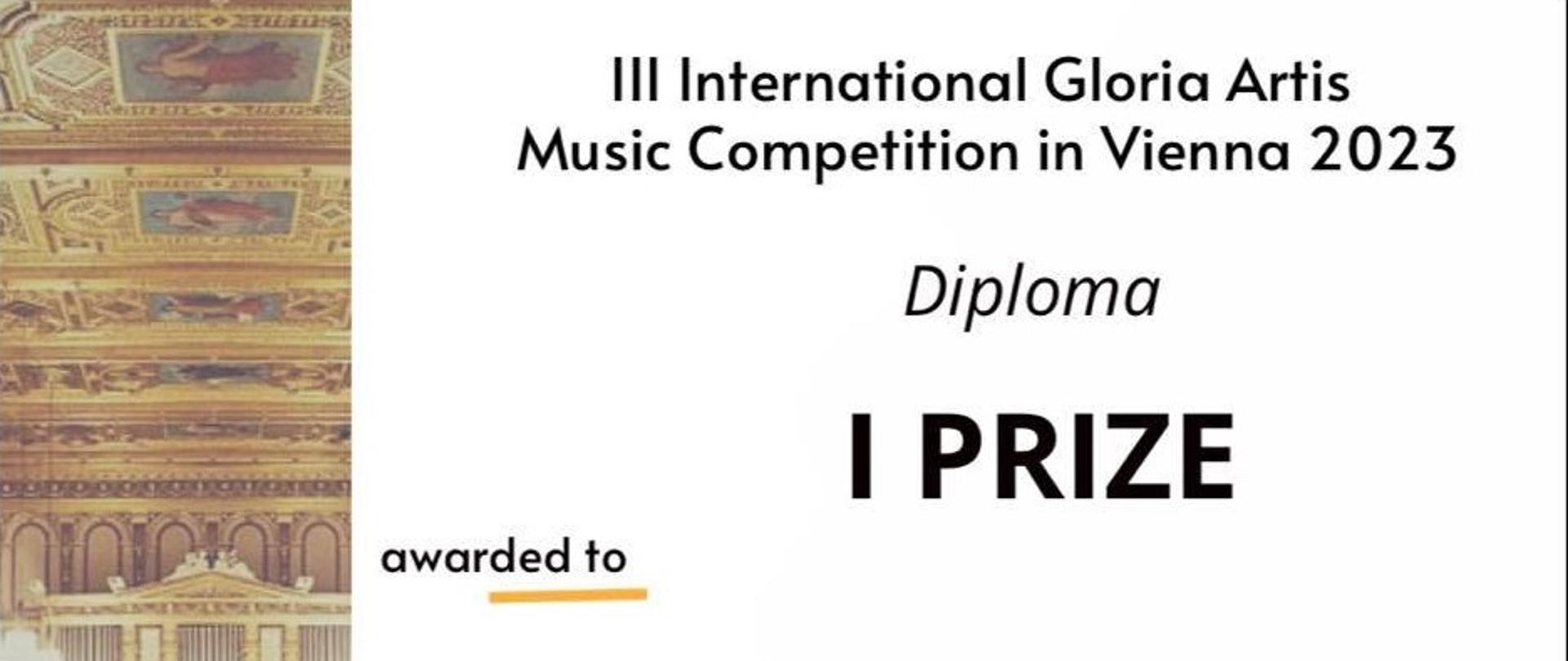 Dyplom Michaliny Kubrak z konkursu III International Gloria Artis Music Competition in Viena 2023.