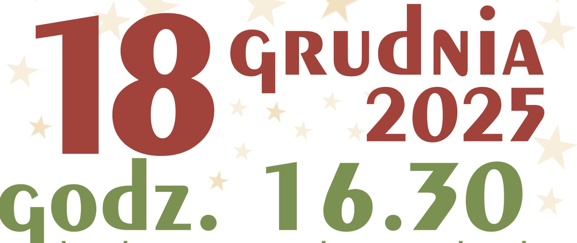 Grafika. Białe tło jasnoróżowe Małe Gwiazdki naprzemiennie z fioletowymi nutkami. Trzy postaci dziecięcych Aniołków niebieskie skrzydełka zielone otwarte książki w dłoniach długie białe szaty sandały Nad każdą głową aureola śpiewają. Pod spodem bordowy napis wieczór kolęd wstęp wolny w prawym górnym rogu napis ciemno złoty 18 grudnia 2025 godzina 16:30 sala kameralna szkoły, wstęp wolny