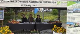 Stoisko Zespołu Szkół Centrum Kształcenia Rolniczego w Oleszycach podczas wydarzenia plenerowego. Przy dwóch stołach z czarnymi obrusami siedzi troje uczniów prezentujących ofertę szkoły. Stoisko ozdobiono koszami z warzywami i owocami i kwiatami. Nad stoiskiem znajduje się namiot z nazwą szkoły, a po prawej stronie ustawiono baner informacyjny przedstawiający kierunki kształcenia w technikum i branżowej szkole. W tle widoczne są drzewa, zabudowania i niebieskie flagi.
