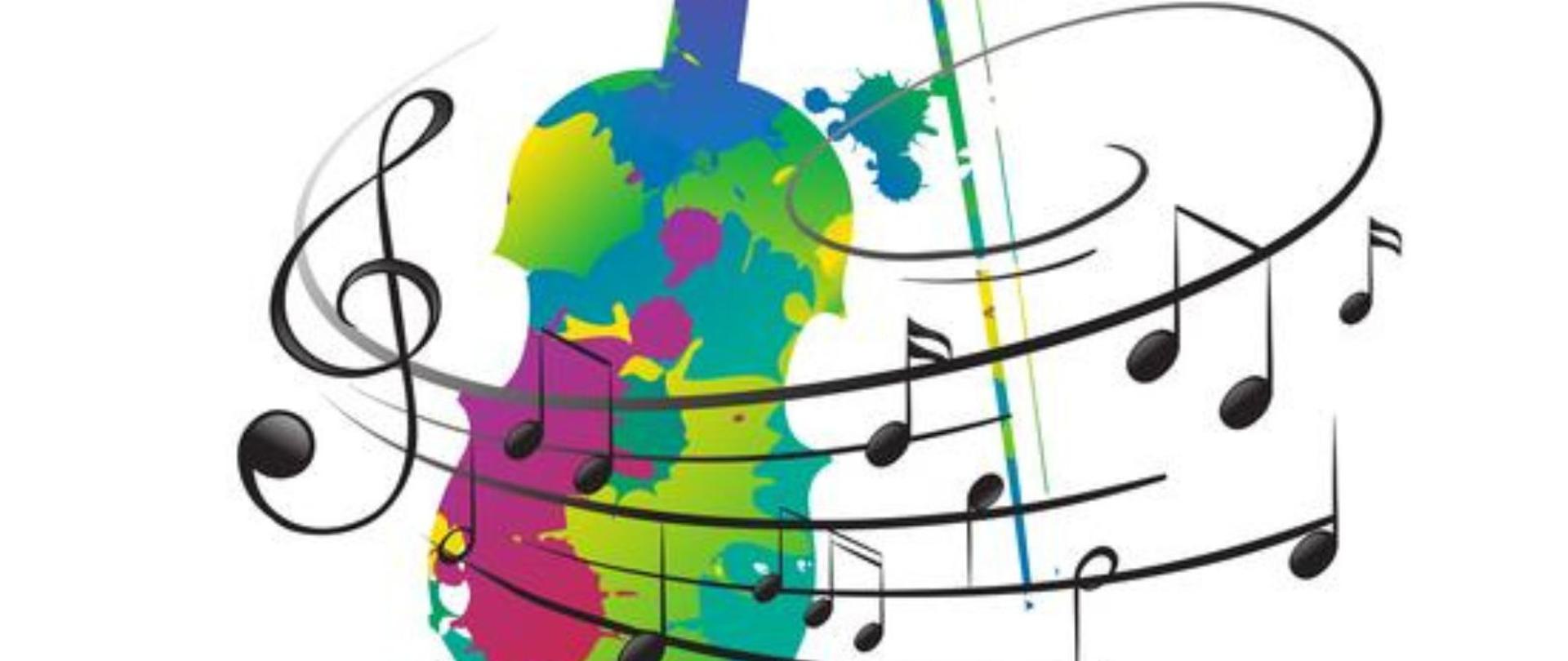 plakat w pionie , w centralnej części kolorowy rysunek skrzypiec oraz smyczka, wokół instrumentu owija się klucz wiolinowy oraz pięciolinia z nutami. Na rysunkiem fioletowymi literami nazwa wydarzenia audycje uczniów klasy skrzypiec pani Agaty Laskowskiej. Pod rysunkiem w kolorze różowym i niebieskim data i godzina wydarzenia 16 styczeń godzina 17.00 wstęp wolny. Na samej górze plakatu od lewej strony logo Funduszy Europejskich niebieski prostokąt z trzema gwiazdami w kolorze białym, żółtym i czerwonym; logo szkoły czarna główka instrumentu smyczkowego oraz dużymi literami skrót PSM; po prawej stronie flaga Unii Europejskiej niebieski prostokąt z okręgiem z żółtych gwiazd.