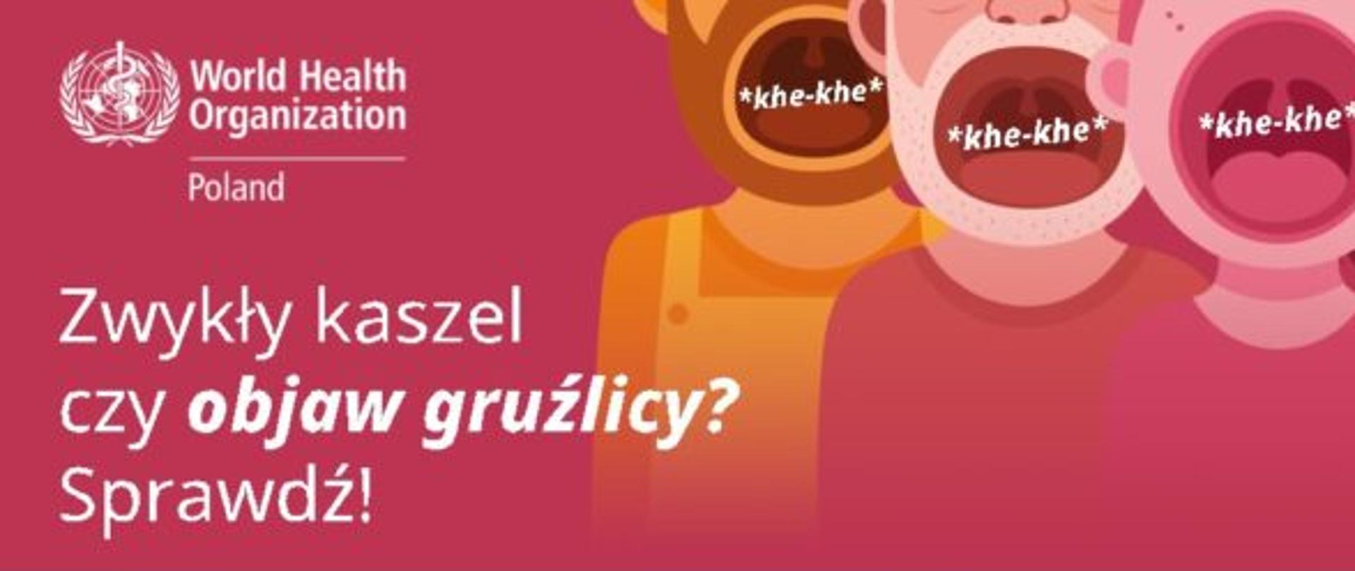 Zwykły kaszel czy objaw gruźlicy? Sprawdź! Grafika przedstawiająca cztery osoby z otwartymi ustami i infrmacje na temat gruźlicy.