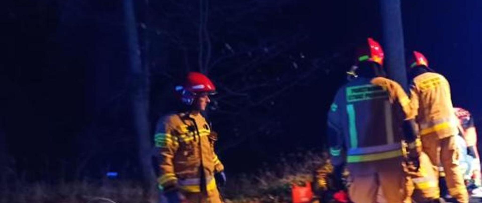 Zdjęcie przedstawia akcję ratowniczą na drodze powiatowej, gdzie doszło do potrącenia pieszego przez samochód osobowy. Na zdjęciu widzimy pojazdy ratownicze oraz radiowóz a także strażaków udzielających kpp policyjny podczas zdarzenia. Zdjęcie wykonane w porze wieczornej na drodze.