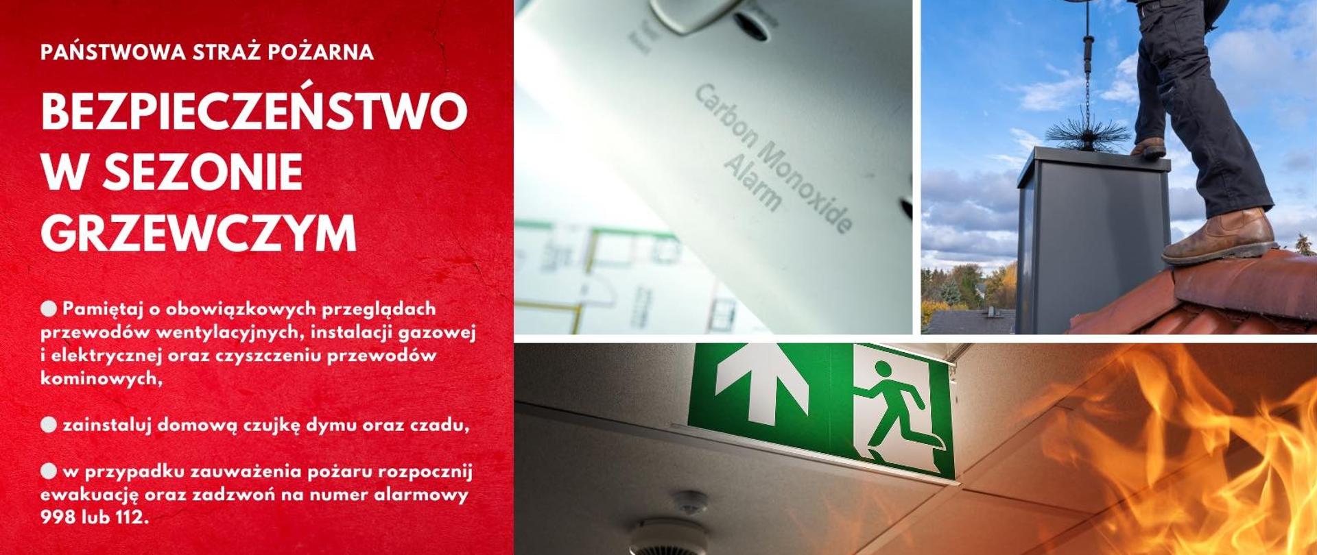 Infografika przedstawia czyszczenie komina przez kominiarza, zbliżenie na czujkę czadu oraz symulację pożaru w pomieszczeniu