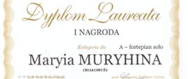 Na beżowym tle informacja o uzyskaniu przez Panią Maryię Muryhinę I nagrody