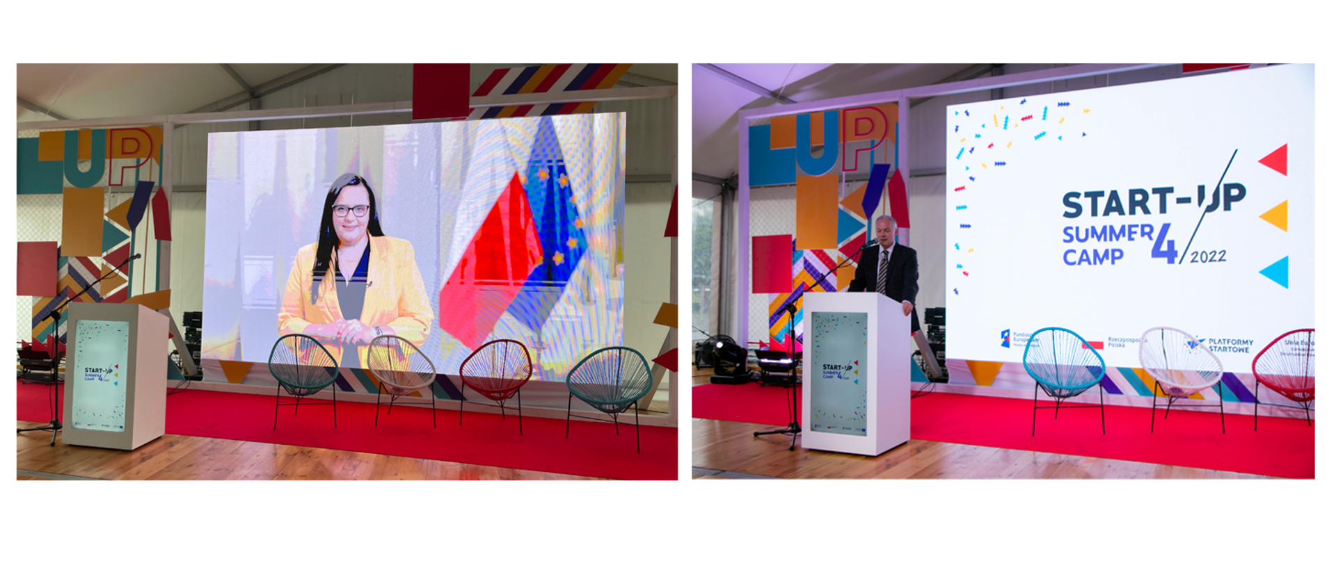 Kolaż dwóch zdjęć. Po lewej na ekranie w sali konferencyjnej postać wiceminister Małgorzaty Jarosińskiej-Jedynak. Obok na zdjęciu wiceminister Jacek Żalek w mównicy, za nim na ekranie napis: Start-up Summer Camp 4 2002.