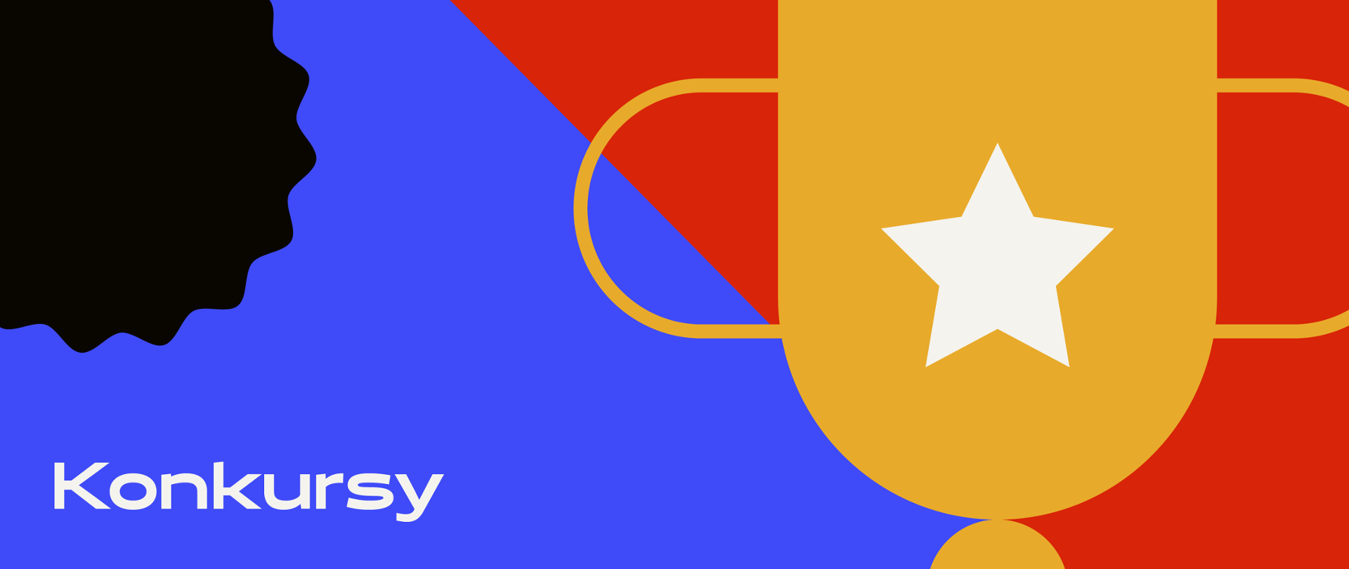 Kafelek z napisem konkursy na niebieskim tle po lewej stronie i rysunkiem złotego pucharu po prawej stronie