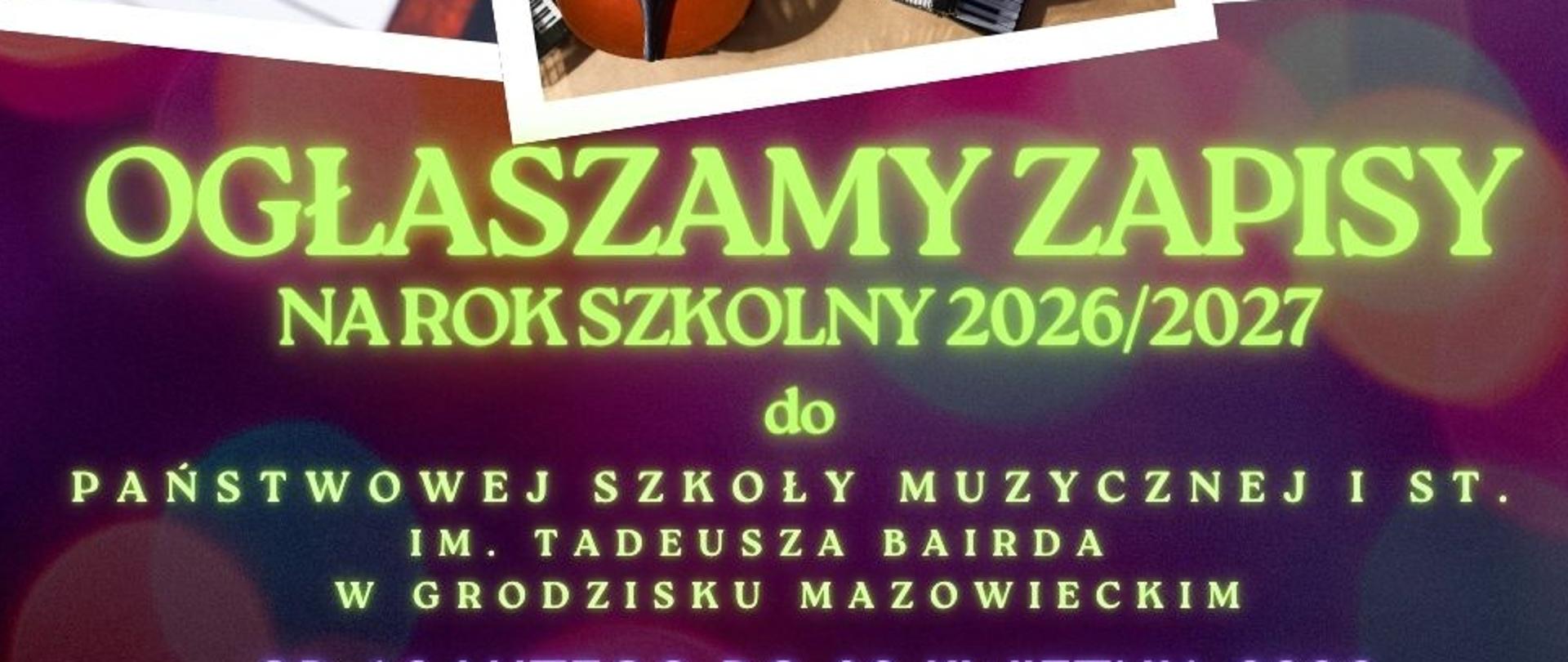 kolorowy plakat z rysunkami instrumentów i zielonymi napisami 