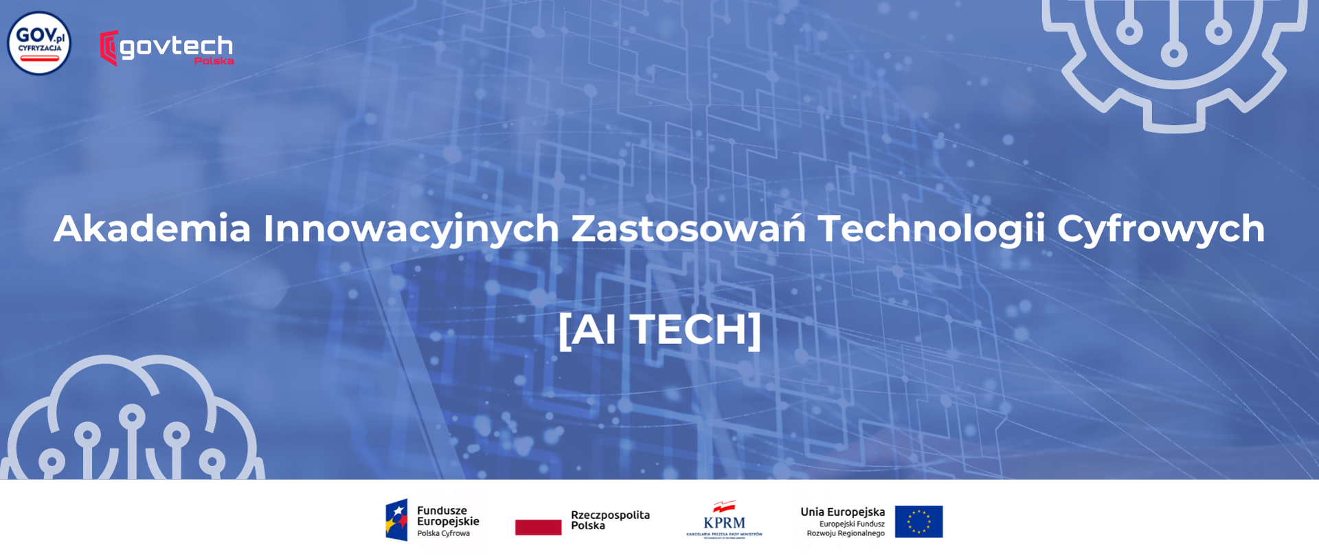 Na niebieskim tle biały napis: Akademia innowacyjnych Zastosowań Technologii Cyfrowych