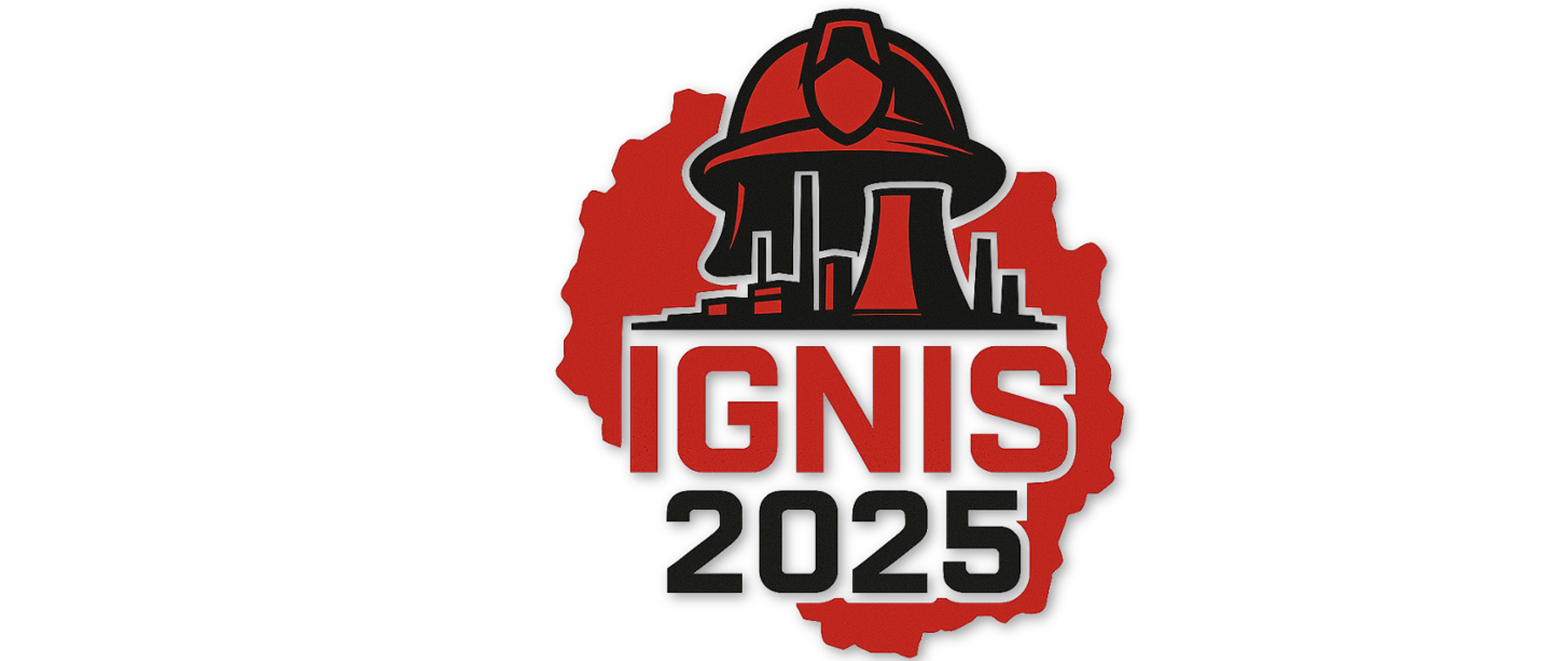 Grafika przedstawiająca logo ćwiczeń Ignis 2025. Kształt województwa świętokrzyskiego z hełmem strażackim, grafiką fabryki z kominami oraz napis Ignis 2025.