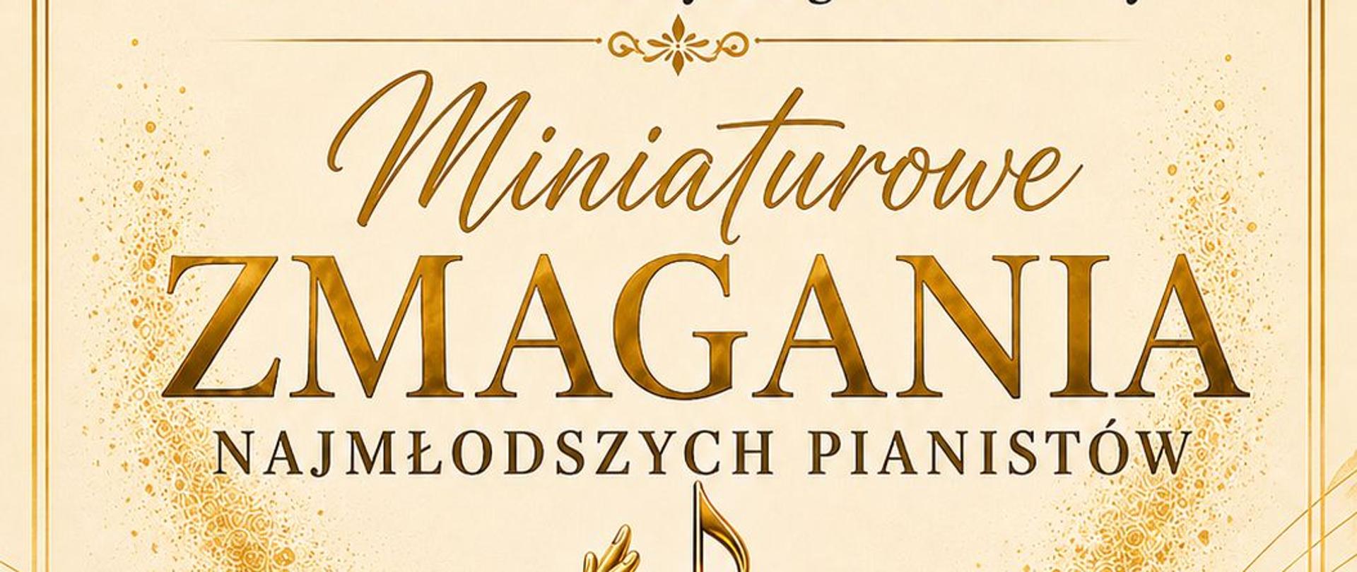 Plakat przedstawia na środku złoty odlew ręki trzymając złotą nutę. Kolor plakatu złoty z ozdobną ramką . Na dole bzowe napisy informujące o wydarzeniu.Na środku zdobione złote napisy:"Miniaturowe zmagania najmłodszych pianistów'.