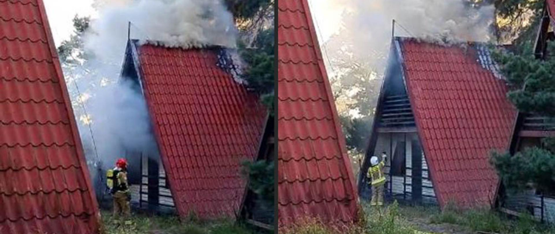 Zdjęcie przedstawia płonący domek letniskowy przy którym służby straży pożarnej prowadzą działania gaśnicze.