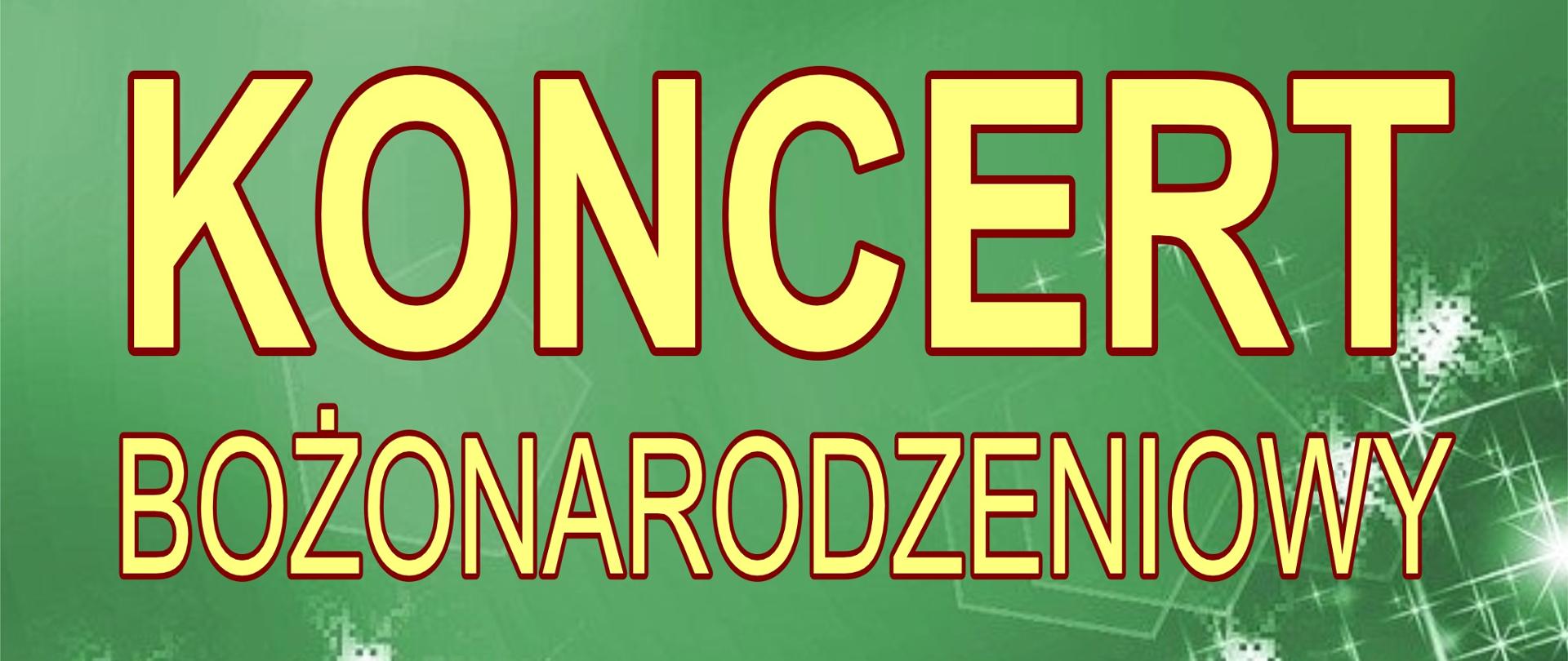 Afisz informujący o koncercie Bożonarodzeniowym. Zielone tło z licznymi rozbłyskami świecących gwiazdek. W części górnej znajduje się logo szkoły, poniżej napis złotymi literami o treści: „Koncert Bożonarodzeniowy uczniów ZPSM w Bochni, w programie występy: zespołów chóru i orkiestry. 22 grudnia 2023 r. godz. 17:00”.