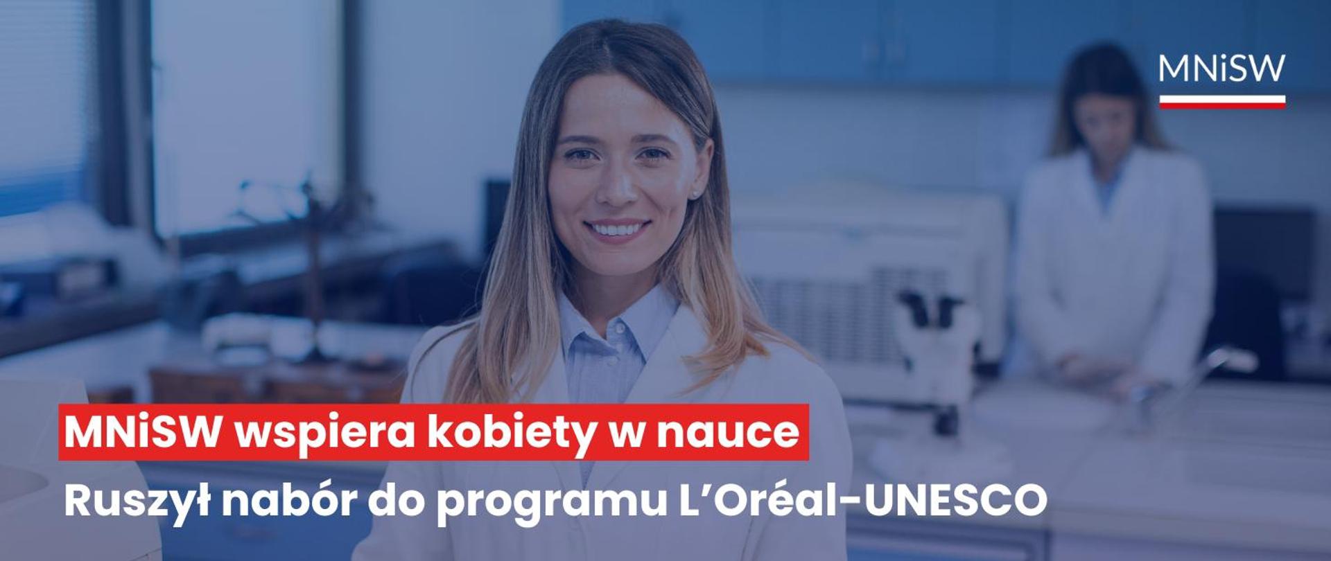 Grafika - na niebieskim tle sylwetki dwóch kobiet w laboratoryjnych fartuchach i napis MNiSW wspiera kobiety w nauce - ruszył nabór do programu L’Oréal-UNESCO.