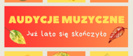Na czerwono-pomarańczowym tle widać żółte i białe napisy oraz kolorowe akwarele jesiennych liści w odcieniach żółci, zieleni i czerwieni.