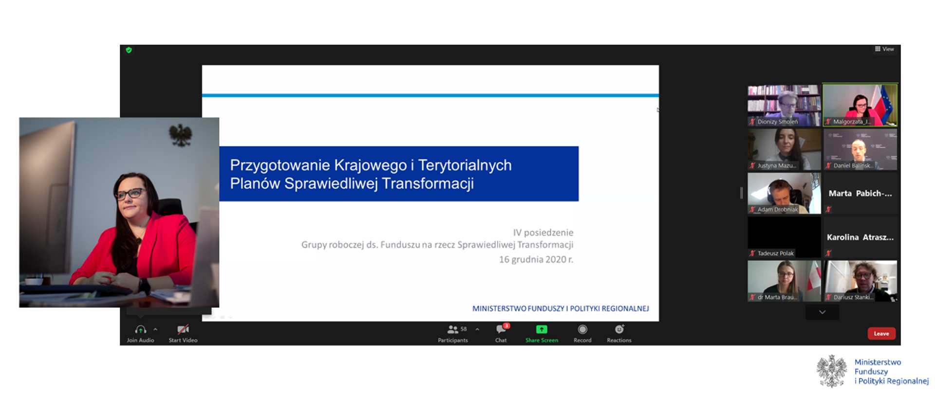 Screen ekranu z uczestnikami czwartego posiedzenia Grupy roboczej ds. Funduszu na rzecz Sprawiedliwej Transformacji. Po lewej wiceminister Małgorzata Jarosińska-Jedynak.