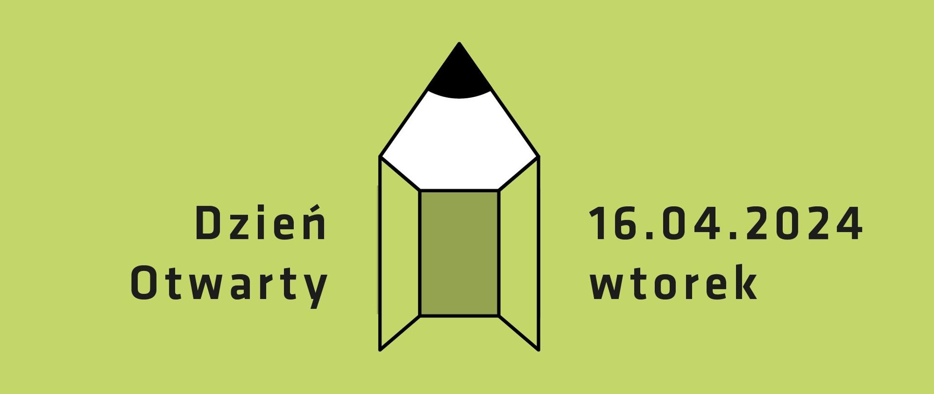 Na zielonym tle symbol złożony z otwartych drzwi i ołówka