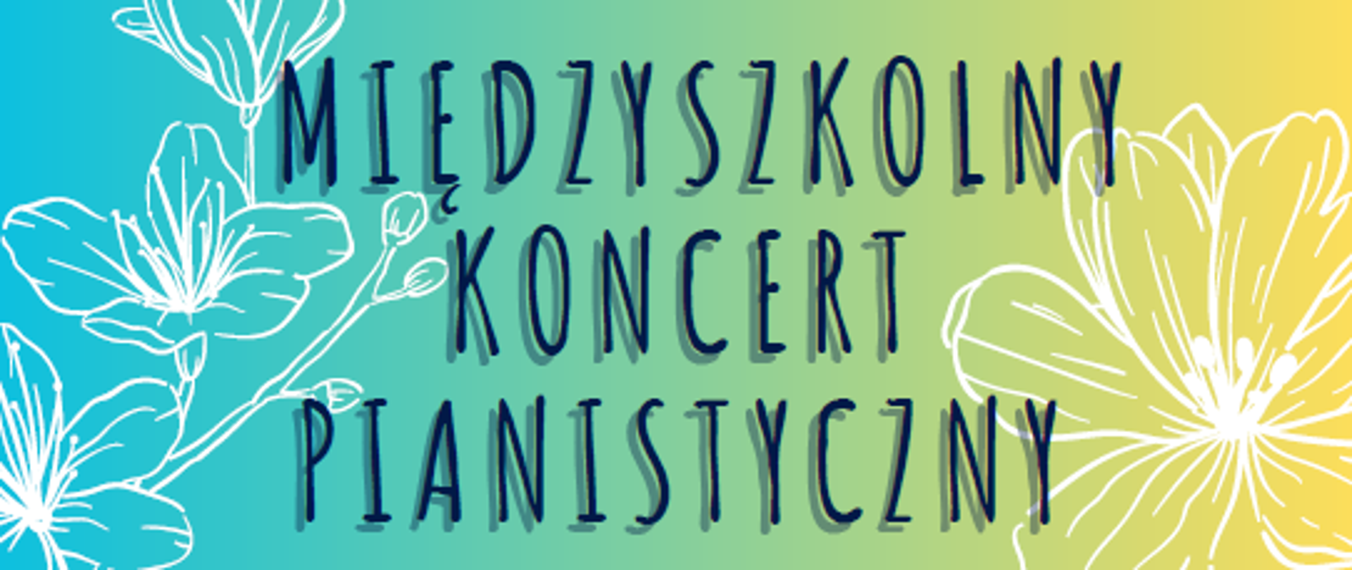 W górnej części tytuł koncertu na kolorowym tle. Po jego bokach białe szkice kwiatów. W centralnej części nazwy szkół biorących udział w koncercie. Poniżej data oraz miejsce koncertu. W dolnej części rysunek fragmentu klawiatury.