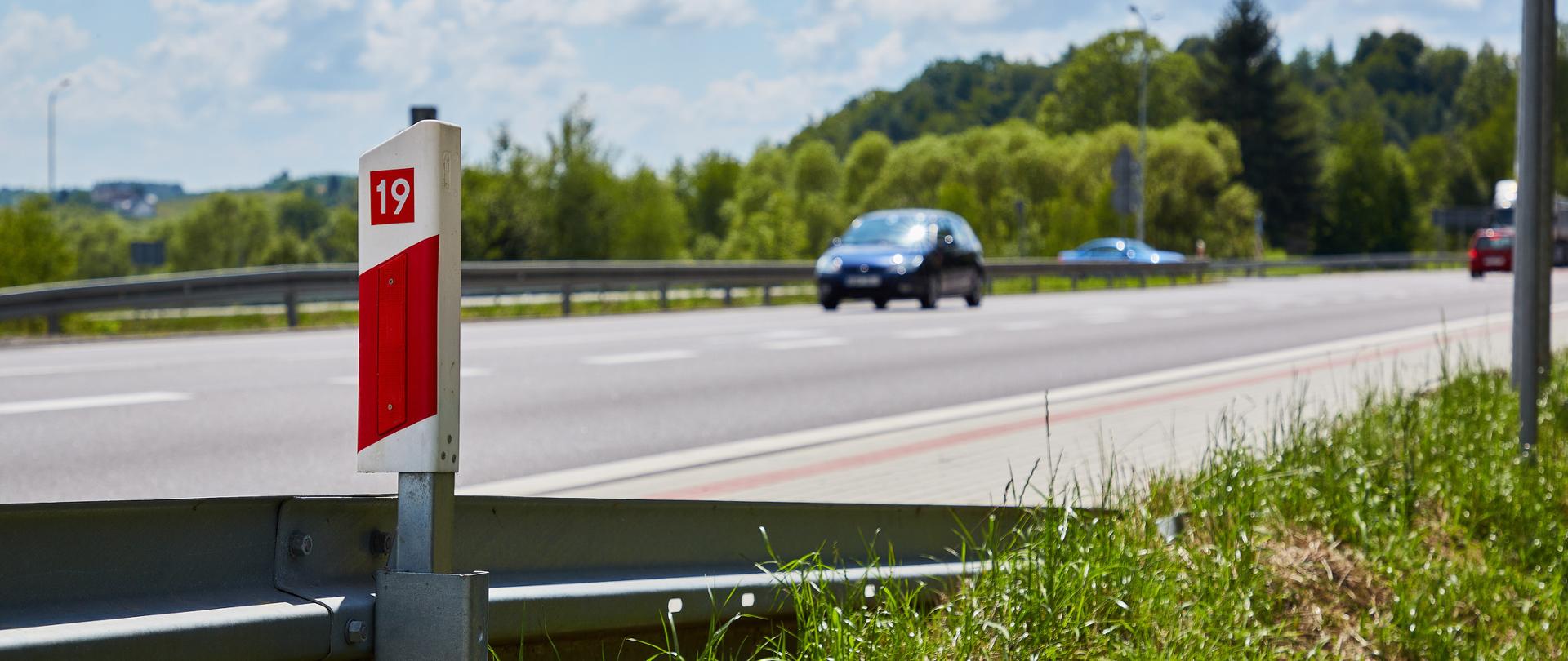 Widok na słupek drogowy na DK19.