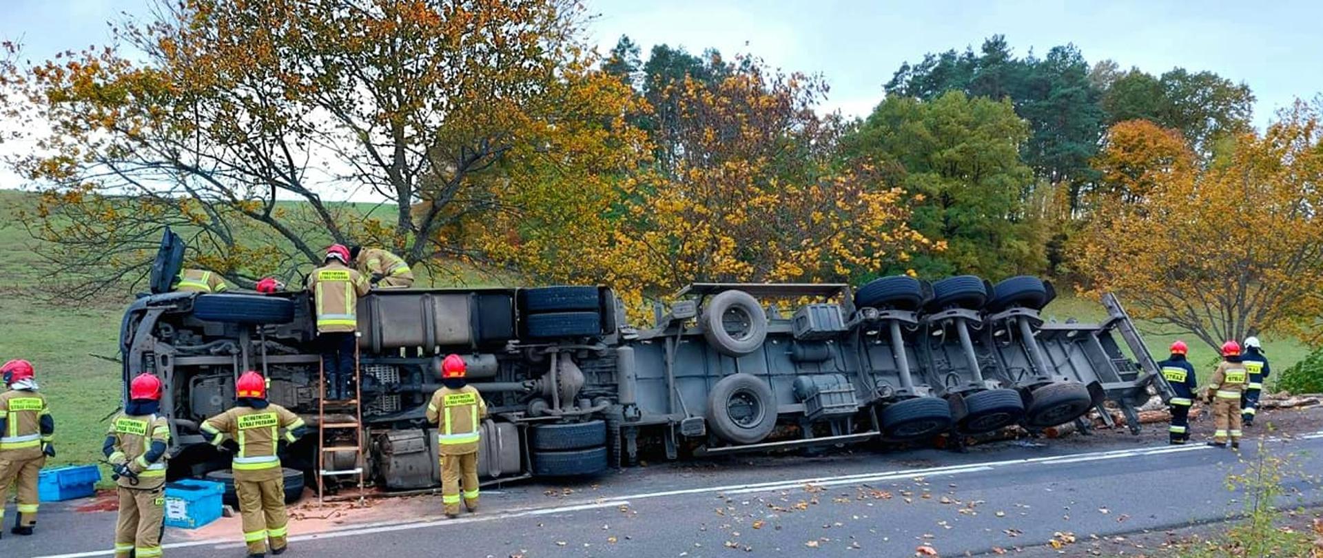 Zdjęcie przedstawia wywróconą ciężarówkę z drzewem.
