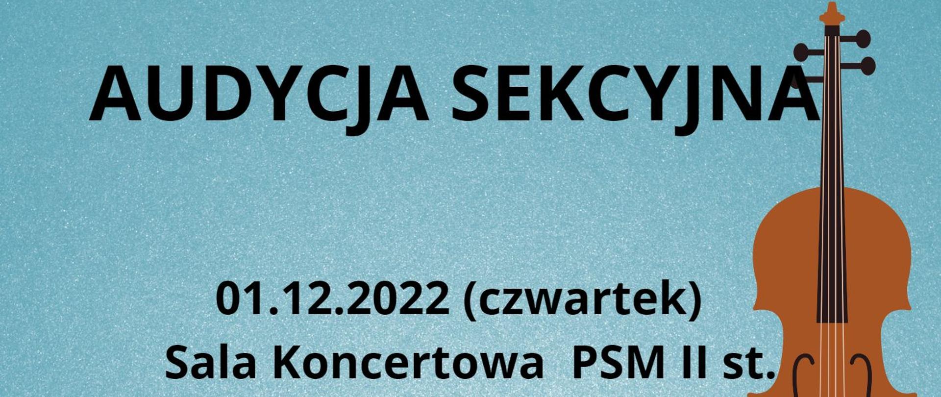 na niebieskim tle napis audycja sekcyjna 01.12.2022 uczestników VII Ogólnopolskiego Konkursu Skrzypcowego im. Rodziny Grobliczów obrazek brązowe skrzypce