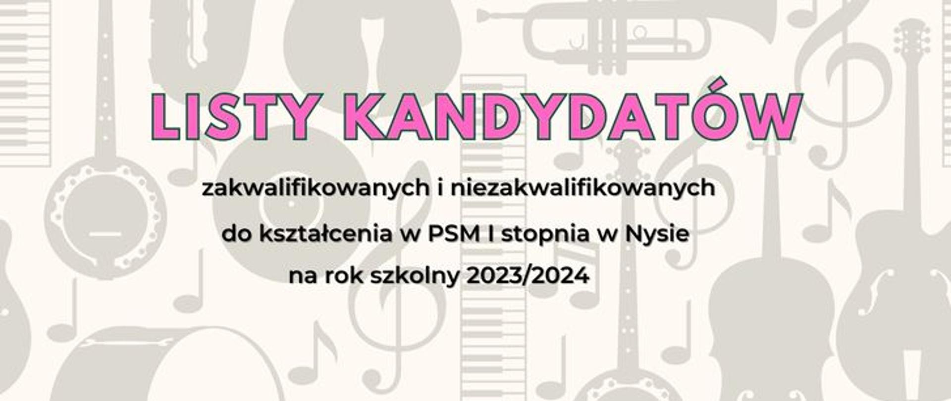 Grafika. Na jasnym tle zawierającym wizerunki instrumentów napisy: LISTY KANDYDATÓW zakwalifikowanych i niezakwalifikowanych do kształcenia w PSM I stopnia w Nysie na rok szkolny 2023/2024.