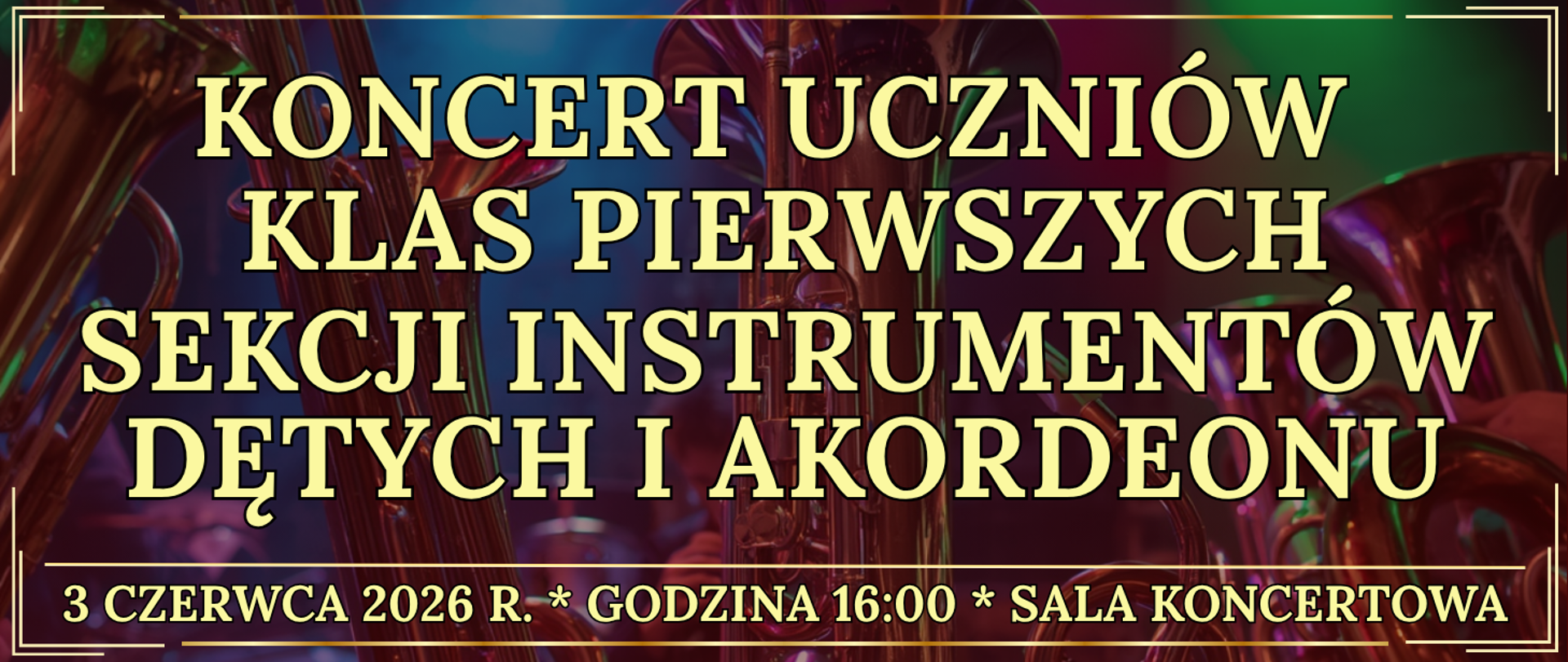 baner w tle kolorowe instrumenty dęte oraz informacja o wydarzeniu