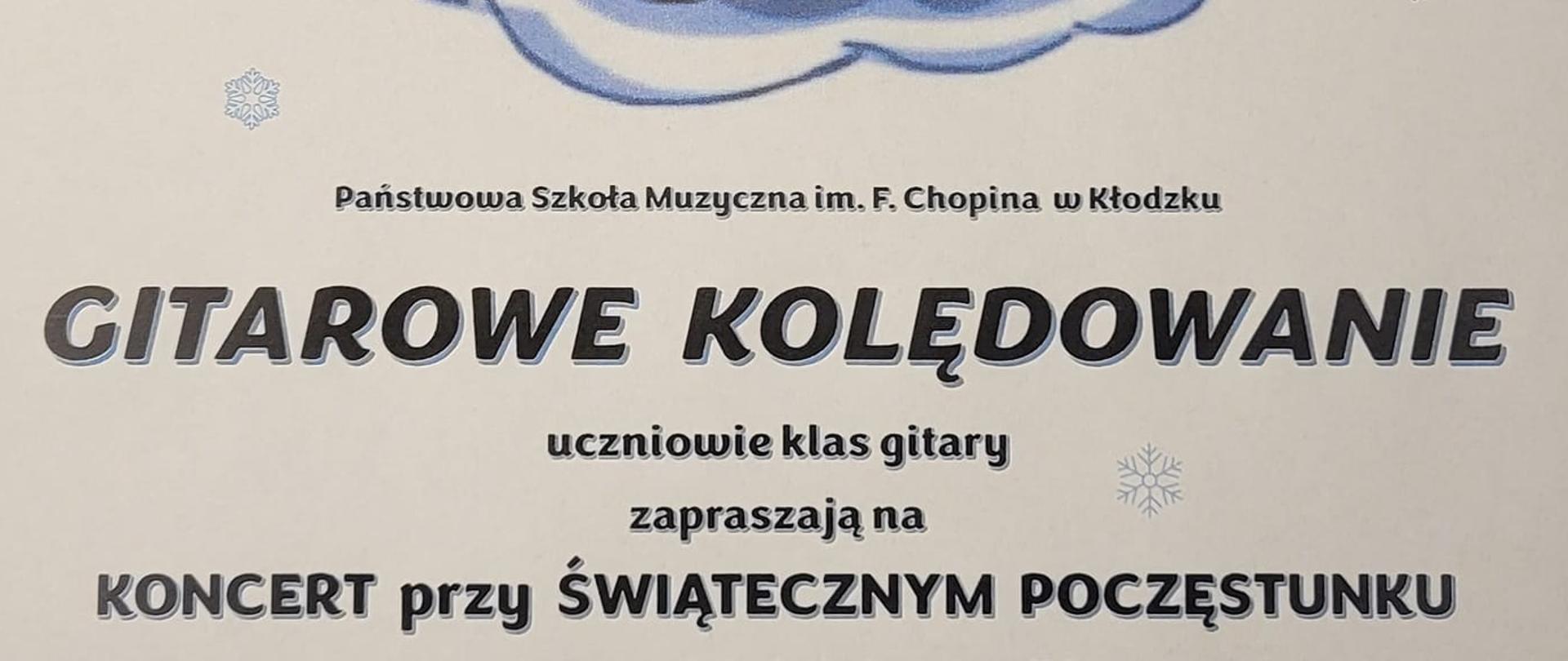 Plakat z grafiką choinki wraz z gitarą oraz informacją tekstową dotyczącą koncertu "gitarowe kolędowanie", które odbędzię 5 grudnia 2023 w auli PSM w Kłodzku
