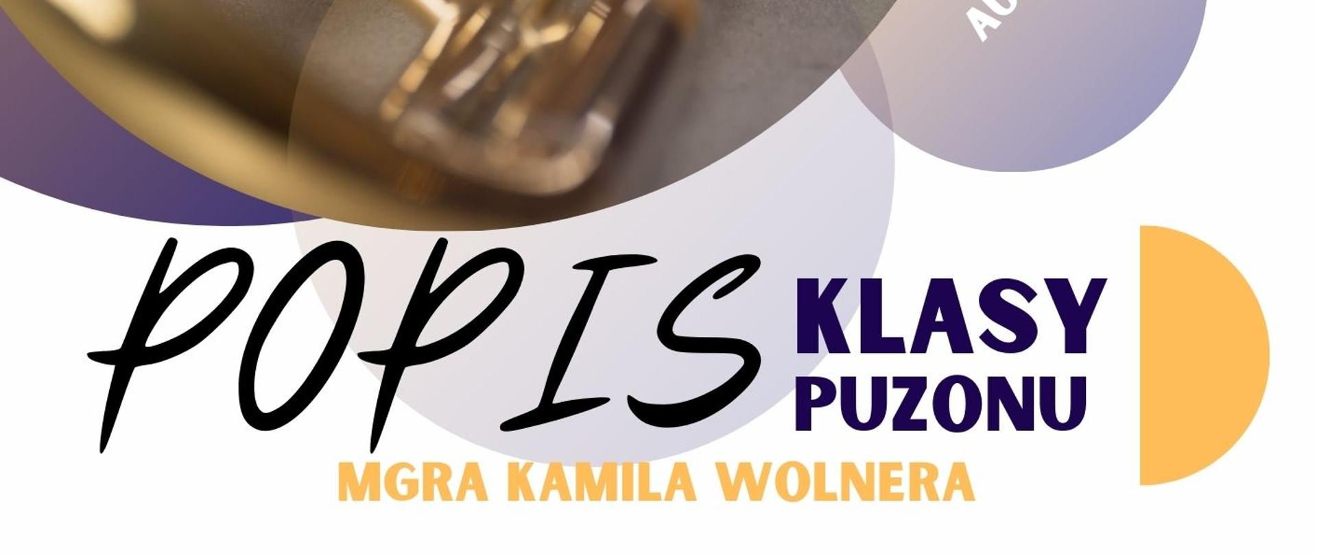 Plakat informacyjny dotyczący Popisu klasy Puzonu mgr Kamila Wolnera, odbywającego się w Auli PSM dnia 2 kwietnia 2025 o godz. 17:55. Wstęp Wolny