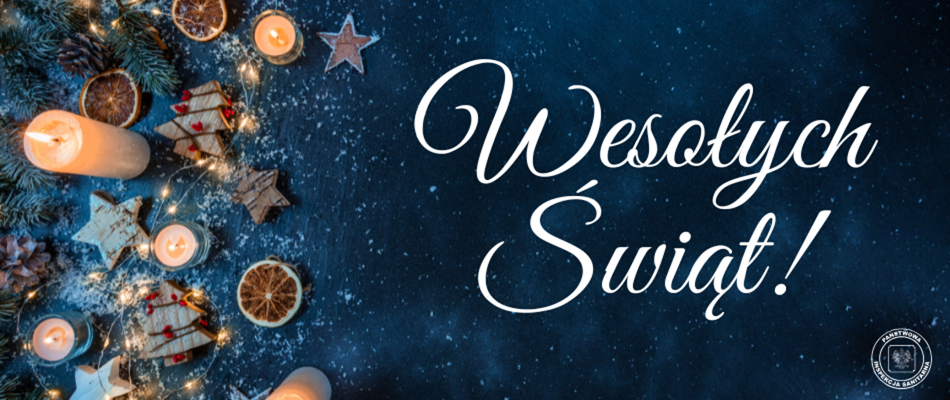 Grafika świąteczna z napisem Wesołych Świąt i logo Państwowej Inspekcji Sanitarnej