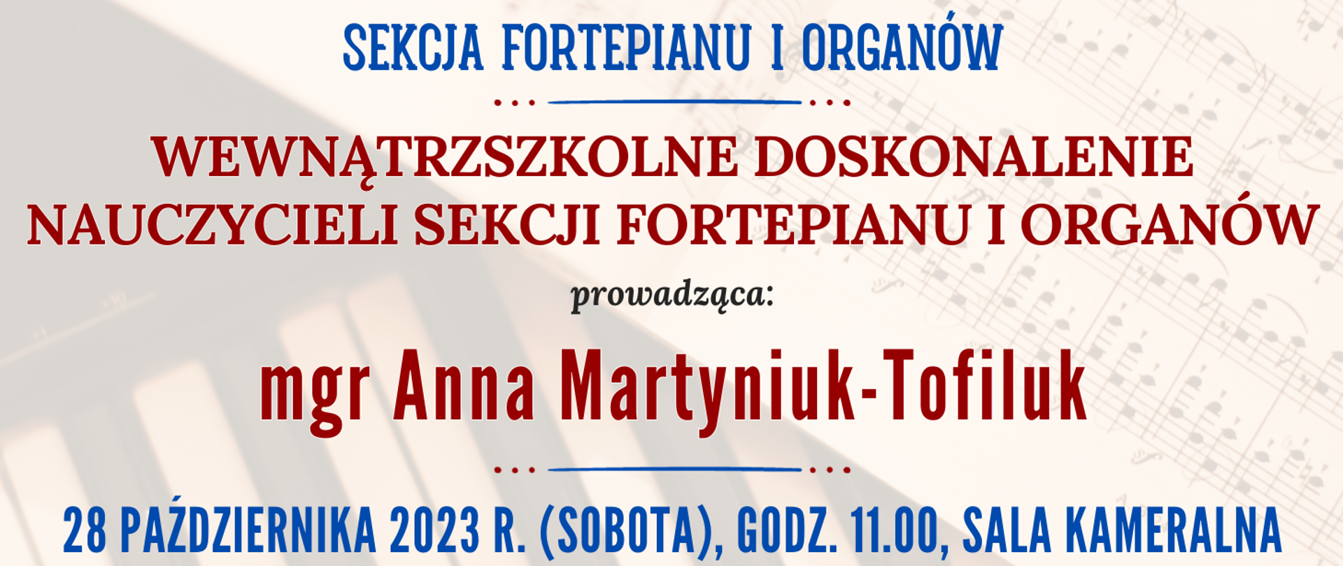 kolorowe tło z widoczną klawiaturą fortepianu i nutami oraz informacje o wydarzeniu