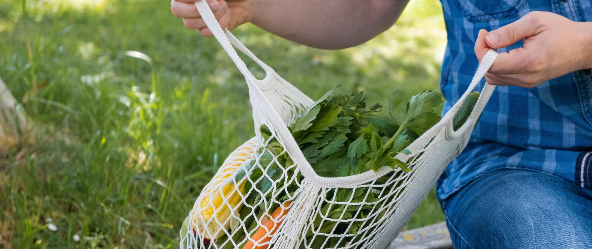 A man opens a cotton string bag on a bench in a park. Close-up. Zero waste. Biodegradable material. Caring for the ecology and the environment, respect for nature