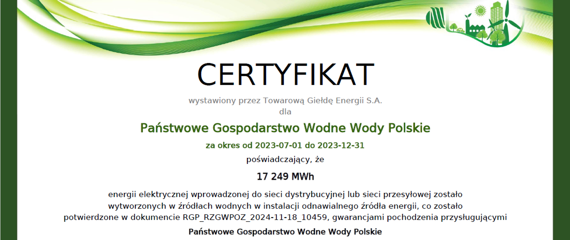 Certyfikat dla Wód Polskich poświadczający produkcję prądu z OZE