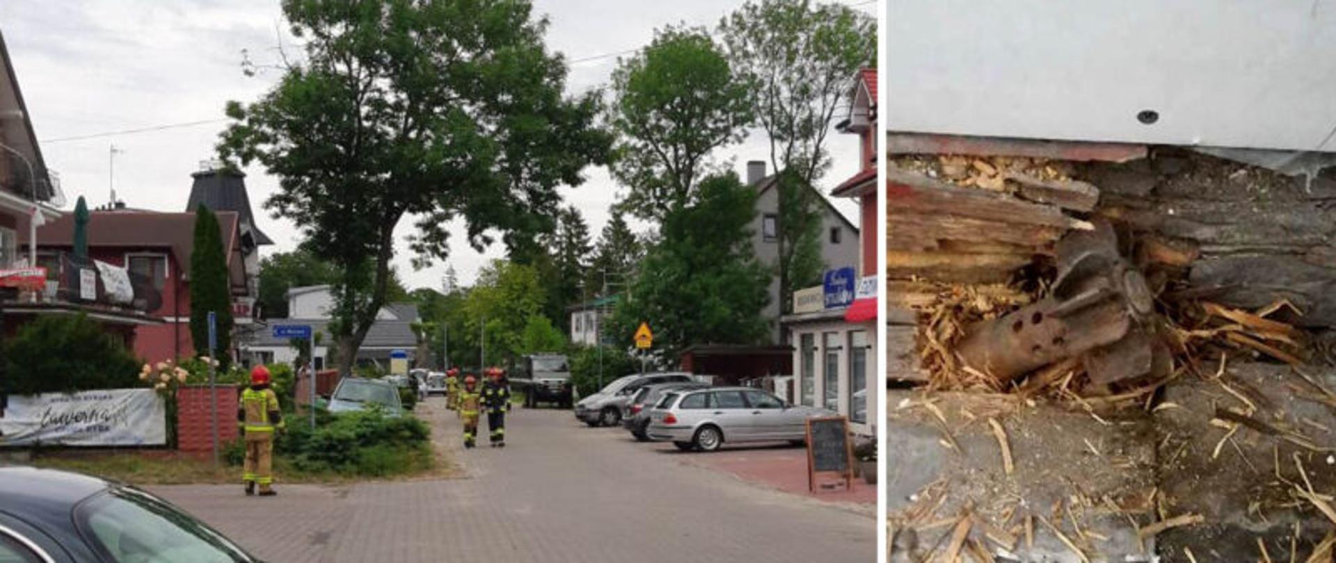 Zdjęcie przedstawia ulice i budynki z których ewakuowano mieszkańców oraz niewybuch wbity w drewnianą belę dachową.