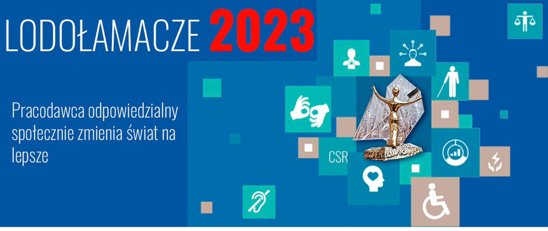 Plakat na niebieskim tle, po prawej stronie kolorowe kwadraty z białymi ikonami rąk, głowy, osoby na wózku, przekreślonego ucha. Na środku plakatu złota statuetka z rękoma skierowanymi do góry