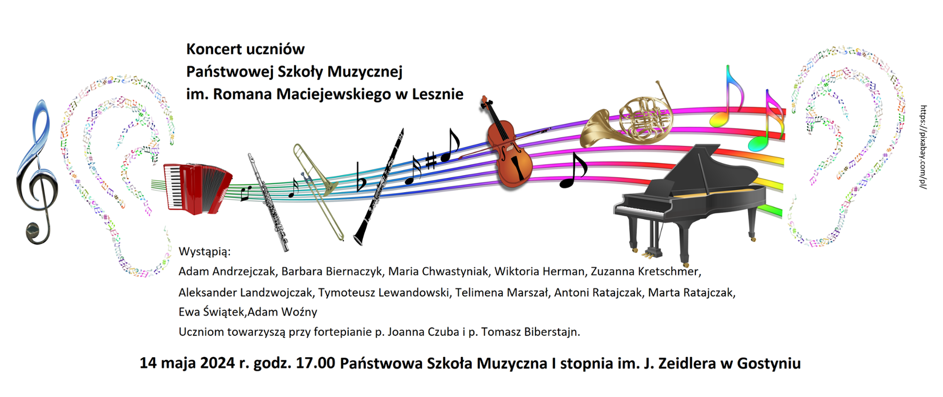 Koncert uczniów PSM w Lesznie, którzy wystąpią w PSM w Gostyniu, z rysunkiem instrumentów