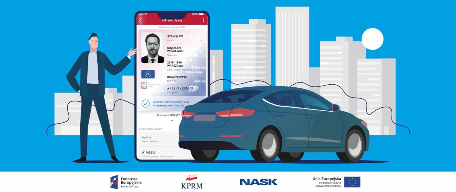 grafika auto, człowiek i aplikacja na telefon