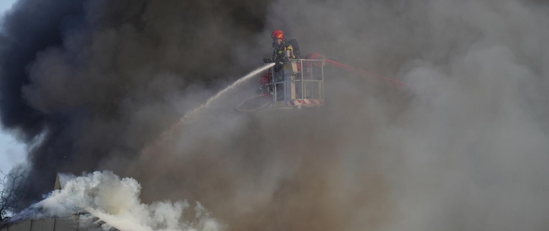 Na zdjęciu widoczni strażacy w ubraniach specjalnych koloru piaskowego w czerwonych hełmach podający prąd wody w natarciu z podnośnika hydraulicznego na dach podczas pożaru obiektu handlowego przy ulicy Bieckiej w Gorlicach