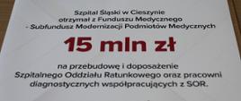 Grafika informująca o przekazaniu 15 mln zł na dofinansowanie Szpitala Śląskiego w Cieszynie