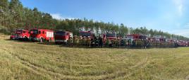 Fotografia panoramiczna przedstawiająca pojazdy kompanii gaśniczej, a przed nimi ustawionych kilkudziesięciu strażaków, stojących na polanie.