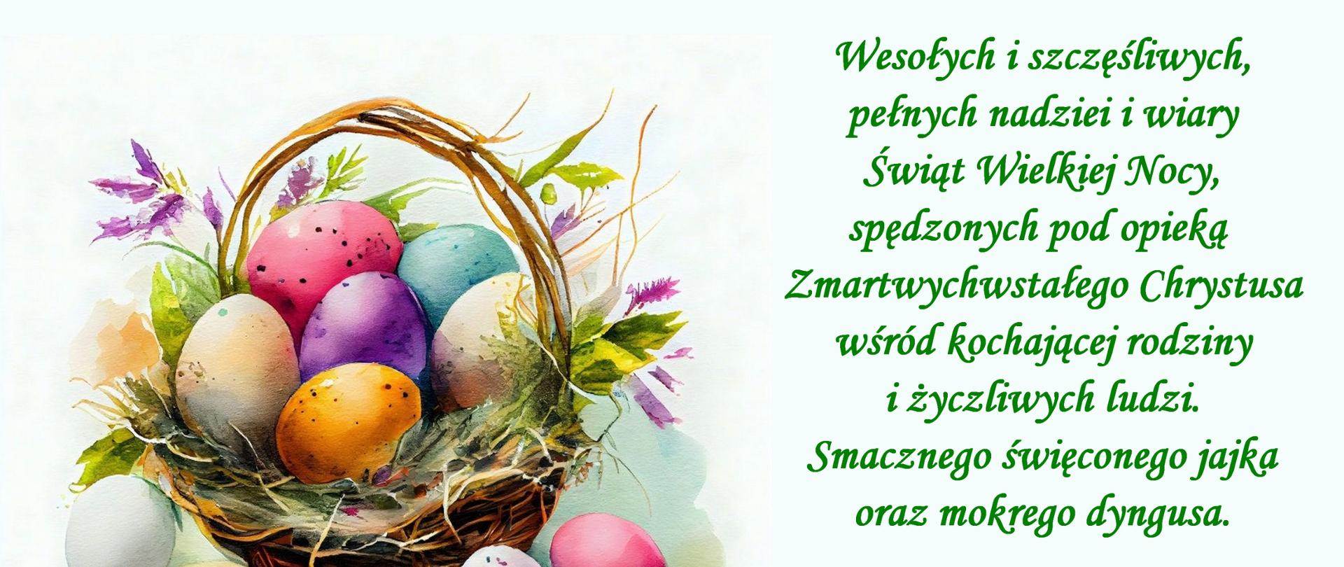 baner - po lewej koszyk z pisankami, po prawej życzenia