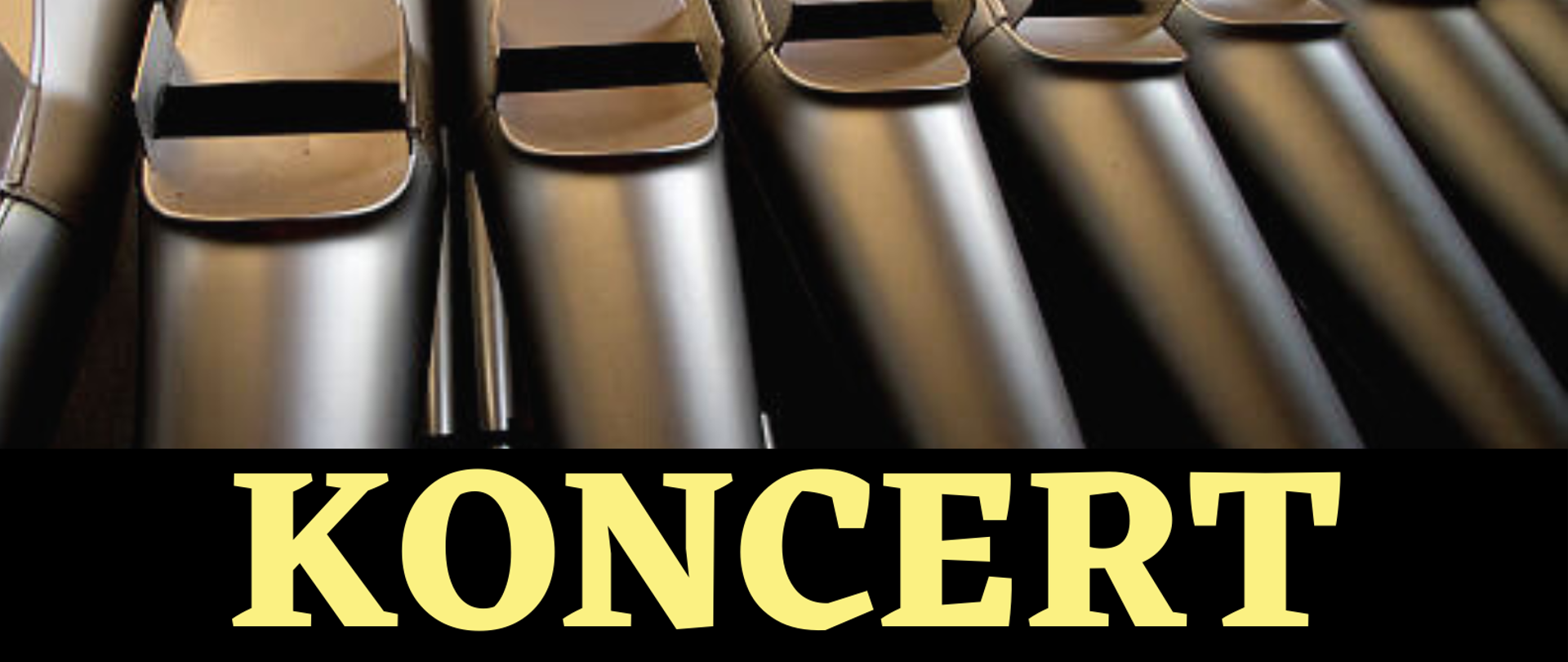 W górnej części zdjęcia piszczałki organowe. Poniżej żółty napis "Koncert uczniów klasy organów i trąbki". Dalej do dołu po prawej stronie żółty napis: "05 czerwca 2024 (środa) godz. 16:00 sala kameralna". Dalej na żółtym prostokącie czarny napis: "Zapraszamy". Po lewej stronie kolorowa grafika na żółtym kole mężczyzny w kapeluszu grającego na trąbce.