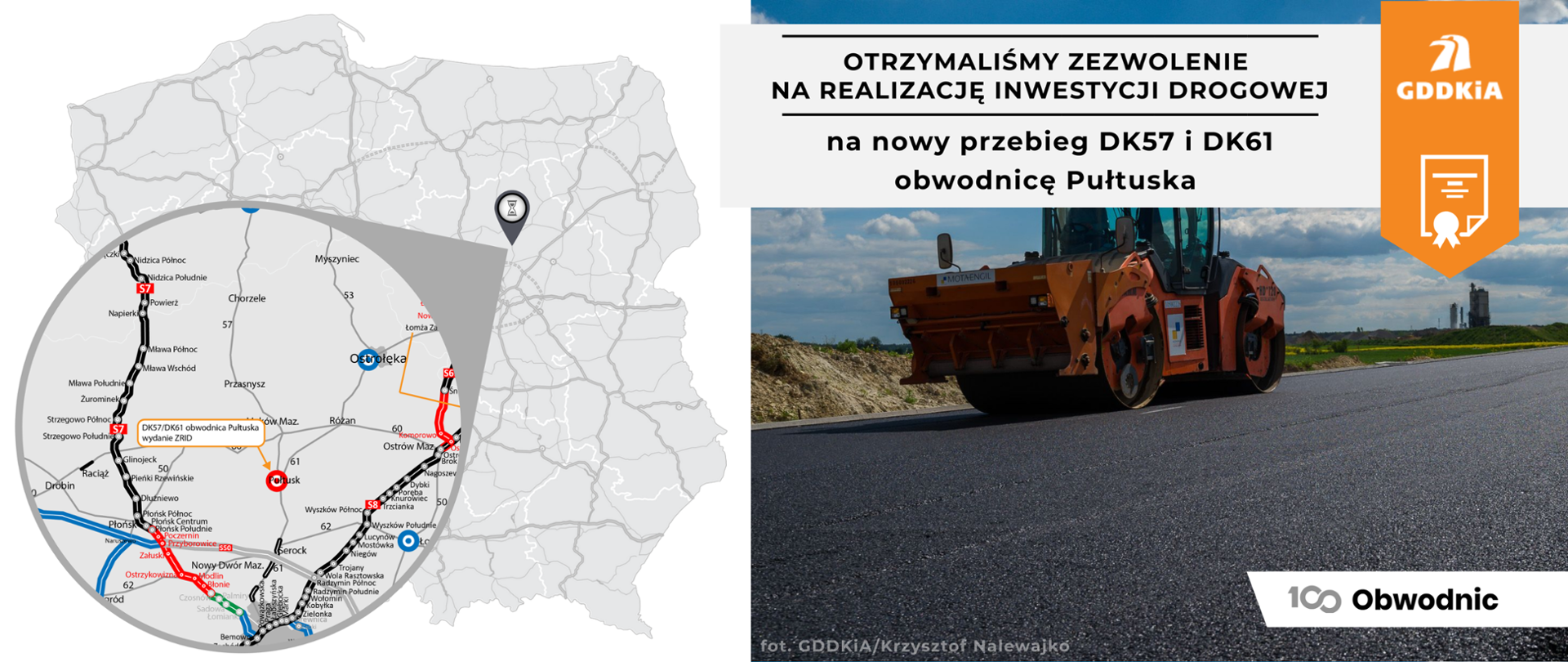 Infografika informująca o wydaniu decyzji ZRID dla obwodnicy Pułtuska. Po lewej kontur mapy Polski z zaznaczonym odcinkiem drogi krajowej nr 57 i 61, której dotyczy decyzja ZRID. Po prawej zdjęcie walca wyrównującego świeżo położoną warstwę nawierzchni.