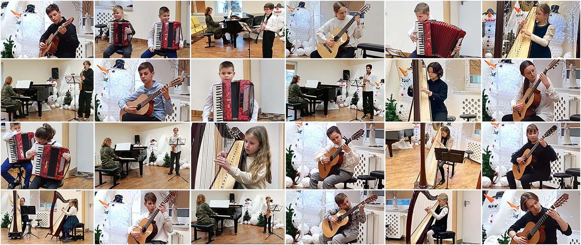 Collage składający się z 24 zdjęć dzieci grających na różnych instrumentach muzycznych.